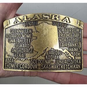 Vintage Godfred Commemorative Alaska Map With Cities Brass Tone Belt Buckle